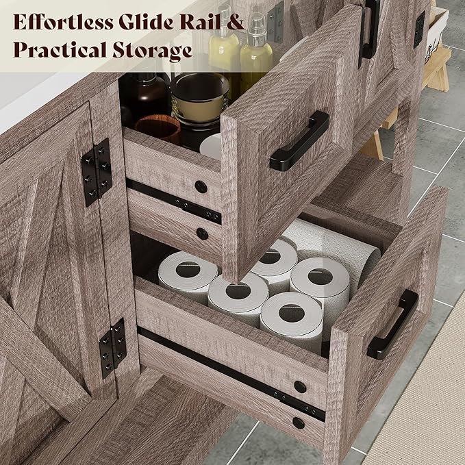 AMERLIFE 60” Farmhouse Bathroom Vanity with Double Sink, Freestanding Cabinet with 2 Drawers, 4 Barn Doors & Open Shelf, Rustic Storage for Master or Family Bathroom, Light Gray