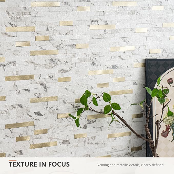 StyloVue 20 Sheets Peel and Stick Backsplash for Kitchen, Volakas White Marble Look with Gold Metal, Stick on Tile for Kitchen Backsplash, RV, Fireplace