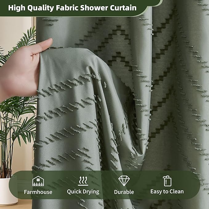 Boho Extra Long Sage Green Shower Curtain with Tassel, Woven Fabric, Tufted Chevron Striped, 72 x 78, Modern Chic Textured Minimalist