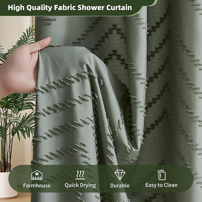 Siiluminisoy Extra Long Sage Green Shower Curtain with Tassel, Woven Fabric 90 in, Tufted Chevron Striped, 72 x 90, Modern Chic Textured Minimalist Bathroom