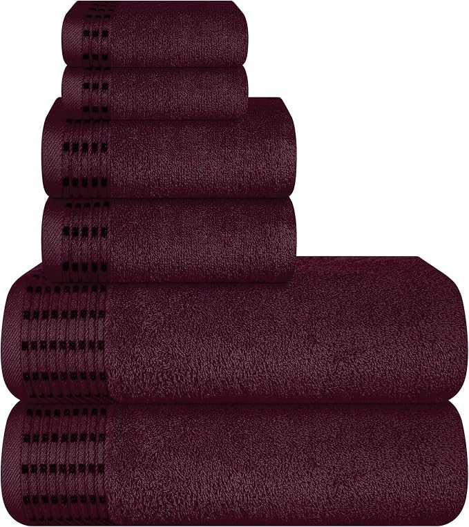 Ultra Soft 6 Pack Cotton Towel Set, Contains 2 Bath Towels 28x55 inch, 2 Hand Towels 16x24 inch & 2 Wash Coths 12x12 inch, Ideal Everyday use, Compact & Lightweight - Burgundy