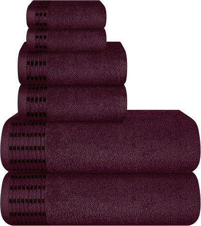 Ultra Soft 6 Pack Cotton Towel Set, Contains 2 Bath Towels 28x55 inch, 2 Hand Towels 16x24 inch & 2 Wash Coths 12x12 inch, Ideal Everyday use, Compact & Lightweight - Burgundy