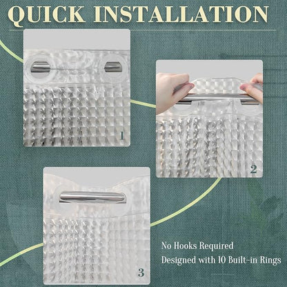 No Hook Shower Curtain or Liner, Standard Size 71 x 74, Square | 8G Heavy Duty, Grid Bathroom Shower Curtain, No Hooks Required, Waterproof Plastic & PVC Free