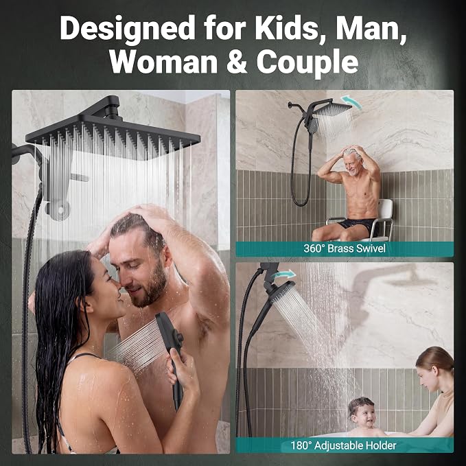 12" XXL Rainfall Shower Head with Handheld Combo Set, Matte Black | High Pressure, Magnetic Docking, Air-Infusion Tech, Anti-Leak One-Piece Design, Dual Square Showerhead
