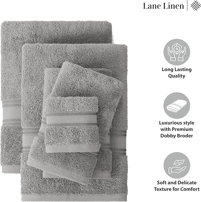 LANE LINEN Bath Towel Set 100% Cotton 3 Piece Soft Absorbent - Grey | Shower Towels - Generously Sized, Oversized & Roomy, Lightweight & Breathable, Fade-Resistant Color, Classic Terry Weave