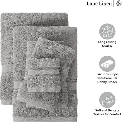 LANE LINEN Bath Towel Set 100% Cotton 3 Piece Soft Absorbent - Grey | Shower Towels - Generously Sized, Oversized & Roomy, Lightweight & Breathable, Fade-Resistant Color, Classic Terry Weave