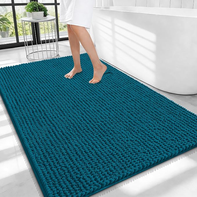 OLANLY Thick Chenille Large Bathroom Rugs Mats 40x32, Peacock Blue | Soft Absorbent Bath Rugs, Rubber Backing, Machine Wash Dry, Bath Mats for Bathroom, Tub and Shower, Home Decor Accessories
