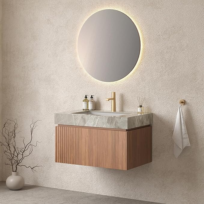 Bathroom Vanity with Sink 30 Inch, Floating Bathroom Vanity Sink Cabinet with Drawer and Door, Undermount Sink & Light Gray Sintered Stone Top, Pre-Assembled,Brown Oak