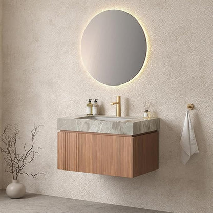 Bathroom Vanity with Sink 30 Inch, Floating Bathroom Vanity Sink Cabinet with Drawer and Door, Undermount Sink & Light Gray Sintered Stone Top, Pre-Assembled,Brown Oak