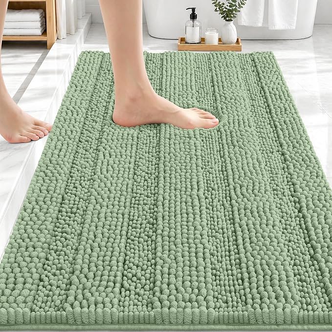 OLANLY Thick Bathroom Rugs 30x20, Chenille Striped Bath Rugs, Sage Green | Rubber Backing, Machine Wash, Extra Soft Absorbent Bath Mats for Bathroom Floor, Tub and Shower, Home Decor Accessories