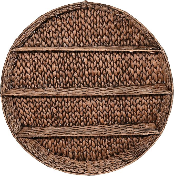 happimess Annulus 3-Shelf Circular Hyacinth Wall Rack 24.6", Brown | Bohemian Coastal Decor For Entryway Bathroom Bedroom Living Room, Iron Frame, 22 Pounds Weight Capacity, Handwoven Artisanal