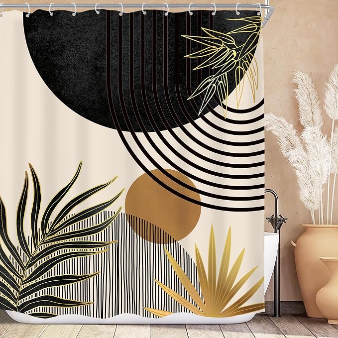 Mid Century Black Gold Boho Abstract Modern Bathroom Shower Curtain Set | 60Wx72L Green design, waterproof HD print with fast-drying fabric and 12 hooks.