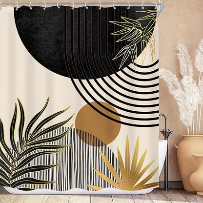 Mid Century Black Gold Boho Abstract Modern Bathroom Shower Curtain Set | 60Wx72L Green design, waterproof HD print with fast-drying fabric and 12 hooks.