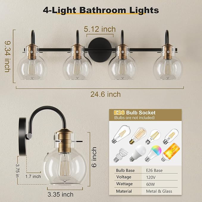 4 Lights Bathroom Vanity Light Fixtures Over Mirror Modern | Wall Sconce,Black & Brushed Cooper,Globe Glass Shade,E26 Base,UL Certified,Anti-Rust,Damp Rated,Bathroom Bedroom Living Room