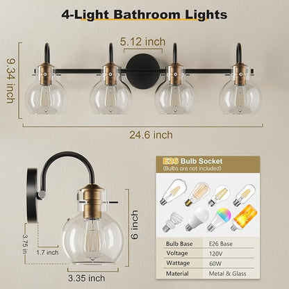 4 Lights Bathroom Vanity Light Fixtures Over Mirror Modern | Wall Sconce,Black & Brushed Cooper,Globe Glass Shade,E26 Base,UL Certified,Anti-Rust,Damp Rated,Bathroom Bedroom Living Room