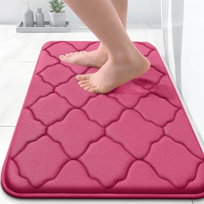 OLANLY Memory Foam Bath Mat Rug 24x16, Ultra Soft and Absorbent Bathroom Rugs, Non-Slip, Comfortable, Machine Washable Bath Carpet for Bathroom Floor, Tub, Shower and Home Decor Accessories, Deep Pink