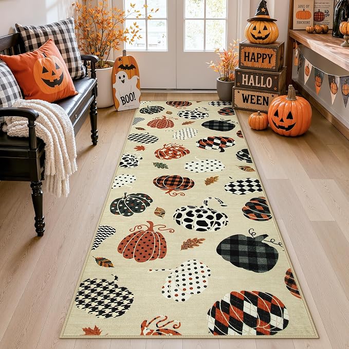 2x6 Beige Halloween Fall Pumpkin Print Hallway Runner Rug for Kitchen | Washable Non-Slip Low-Pile Autumn Thanksgiving Rug for Hallway, Entryway, Bedroom, Bathroom, Halloween Home Decor Indoor Rug