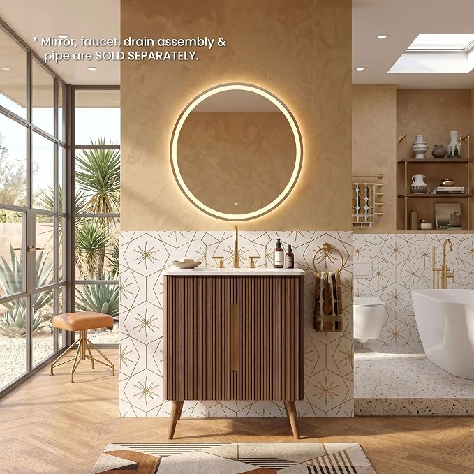 30" Modern Bathroom Vanity with Sink, Mid Century Modern Walnut Bathroom Cabinet with Carrara Marble Finish Sink, Doors, Large Storage with Adjustable Shelf
