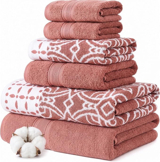 Modern Threads Monroe 6-Piece 100% Cotton Towel Set – Reversible Yarn Dyed Jacquard & Solid – Includes 2 Bath Towels, 2 Hand Towels, 2 Washcloths – Absorbent, Quick Dry, Soft & Durable – Clay