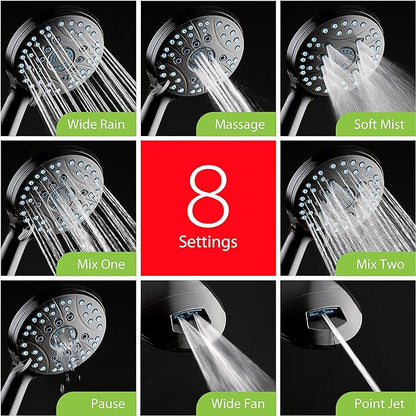 AquaCare 48-mode High Pressure 3-way Shower Head Combo w/ 2-mode Power Wash | Pure Clean Jets, Dual Handheld Power Wash for Tub, Tile & Pets, Long 6 ft. Stainless Steel Hose, Extra Wall Bracket / Black