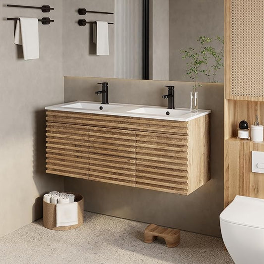 eclife 48" Floating Bathroom Vanity with Sink Combo Mid-Century Wall Mounted Cabinet with Wood Stripes Decor, Drawers, Undermount Double Sink, Faucet, Drain, Light Walnut