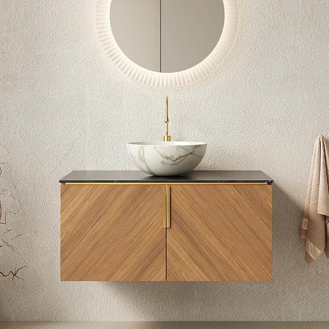 36 Inch Bathroom Vanity with Sink Combo, Floating Vanity Bathroom with Vessel Sink, Modern Bathroom Vanity Cabinet with Doors, Sintered Stone Countertop and Bowl Sink,Brown Oak