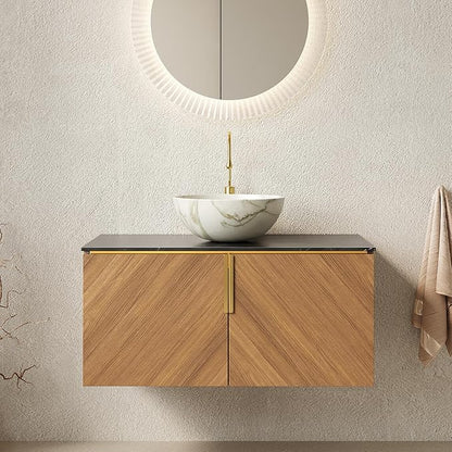 36 Inch Bathroom Vanity with Sink Combo, Floating Vanity Bathroom with Vessel Sink, Modern Bathroom Vanity Cabinet with Doors, Sintered Stone Countertop and Bowl Sink,Brown Oak