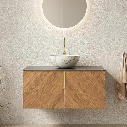 36 Inch Bathroom Vanity with Sink Combo, Floating Vanity Bathroom with Vessel Sink, Modern Bathroom Vanity Cabinet with Doors, Sintered Stone Countertop and Bowl Sink,Brown Oak