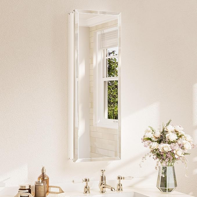 TETOTE 12 x 36 Bathroom Vanity Mirror Cabinet with Tempered Beveled Mirror White Medicine Cabinet Aluminum Cabinet DTC Hinges, Stepless Adjustable Shelves, Recessed/Surface-Mounted