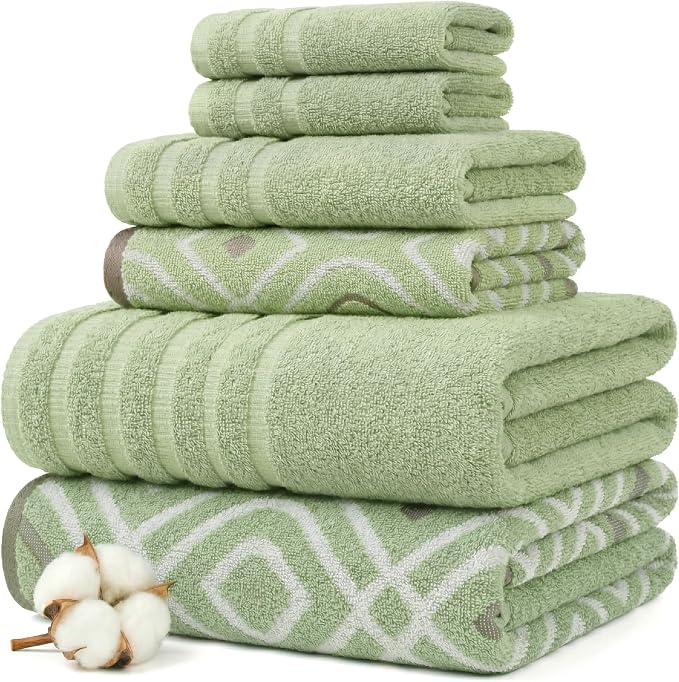Modern Threads 6 Piece Bath Towel Set – Bathroom Set with 2 Bath Towels, 2 Hand Towels, and 2 Wash Cloths – 100% Cotton, Super Absorbent & Extra Soft – Reversible Classic Diamond (Sage Green)