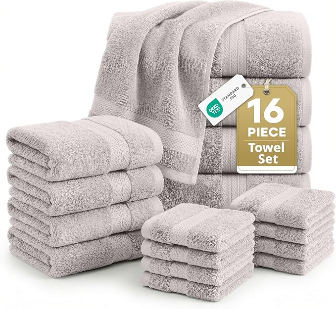 LANE LINEN Bath Towel Set 100% Cotton 16 Piece Soft Absorbent - Platinum | Cotton Towel Set - Densely Woven & Soft, Easy-Care, Coordinated Colors, OEKO-TEX Certified, Ring-Spun Durability