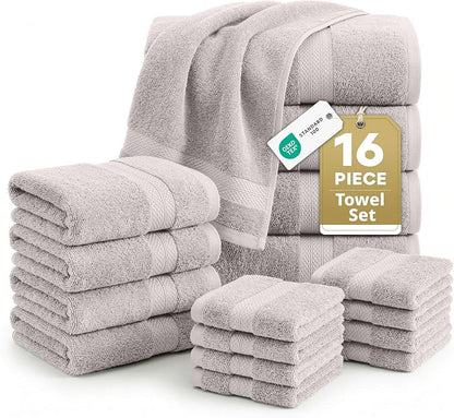 LANE LINEN Bath Towel Set 100% Cotton 16 Piece Soft Absorbent - Platinum | Cotton Towel Set - Densely Woven & Soft, Easy-Care, Coordinated Colors, OEKO-TEX Certified, Ring-Spun Durability