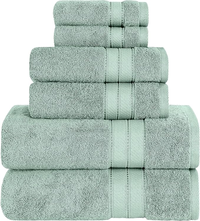 Modern Threads - Spun Loft 6-Piece 100% Combed Cotton Towel Set - Bath Towels, Hand Towels, & Washcloths - Super Absorbent & Quick Dry - 600 GSM - Soft & Plush, Eucalyptus