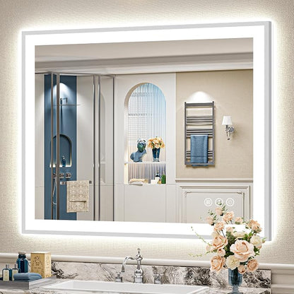 44x36 Inch Brushed Nickel LED Bathroom Mirror, Backlit & Front Lit | Silver Framed Anti-Fog Lighted Vanity Mirror with Lights, 3 Color Dimmable, Memory, HD Tempered Glass, CRI95, IP54, UL Listed