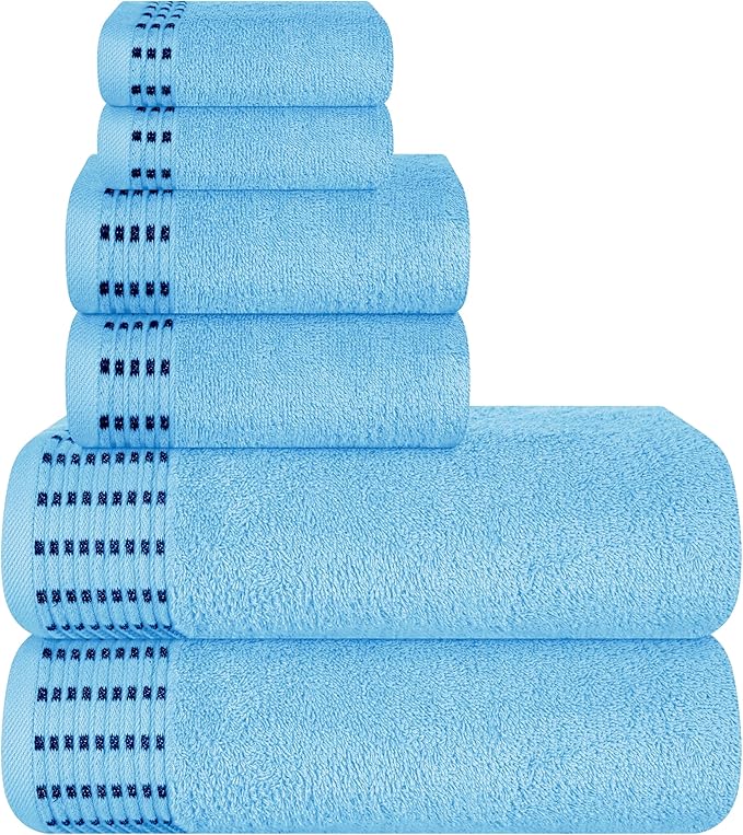 Ultra Soft 6 Pack Cotton Towel Set, Contains 2 Bath Towels 28x55 inch, 2 Hand Towels 16x24 inch & 2 Wash Cloths 12x12 inch, Ideal Everyday use, Compact & Lightweight - Sky Blue