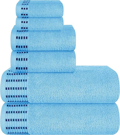 Ultra Soft 6 Pack Cotton Towel Set, Contains 2 Bath Towels 28x55 inch, 2 Hand Towels 16x24 inch & 2 Wash Cloths 12x12 inch, Ideal Everyday use, Compact & Lightweight - Sky Blue