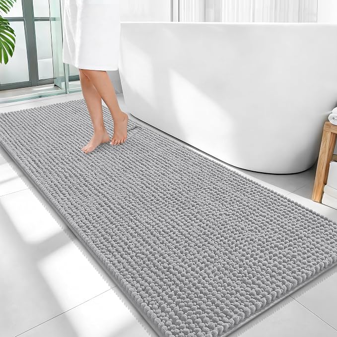 OLANLY Thick Chenille Bathroom Runner Rugs Mats 59x24, Light Grey | Soft Absorbent Bath Rugs, Rubber Backing, Machine Wash Dry, Bath Mats for Bathroom, Tub and Shower, Home Decor Accessories