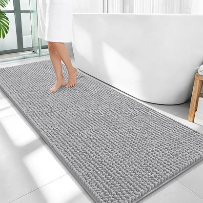 OLANLY Thick Chenille Bathroom Runner Rugs Mats 59x24, Light Grey | Soft Absorbent Bath Rugs, Rubber Backing, Machine Wash Dry, Bath Mats for Bathroom, Tub and Shower, Home Decor Accessories