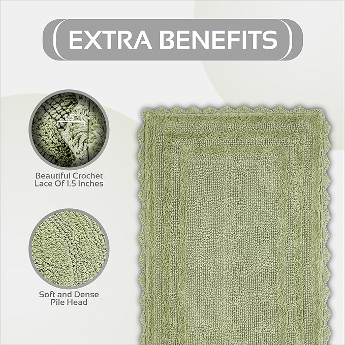 Better Trends Lilly Crochet 24x40 Reversible Bath Rugs and Bath mats for Bathroom, Luxurious 100% Cotton Bath Rug & Water Absorbent Bathroom Mat - Sage Green Bath Matt