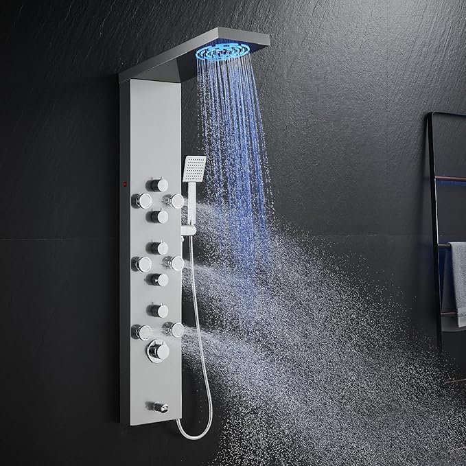 ROVOGO LED Shower Panel Tower System - Use 5 Functions at Once: Rainfall, Mist, Handheld, Body Jets and Tub Spout, Shower Column with Lights, Stainless Steel Brushed