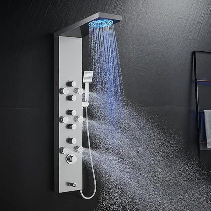 ROVOGO LED Shower Panel Tower System - Use 5 Functions at Once: Rainfall, Mist, Handheld, Body Jets and Tub Spout, Shower Column with Lights, Stainless Steel Brushed
