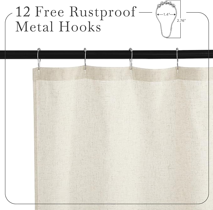 KGORGE Natural Linen Blend Sheer Shower Curtains for Bathroom | Semi-Sheer Waterproof Fabric Lightweight Button Hole for Bathtub, 12 Rust-Proof Hooks Included, W72 x L90