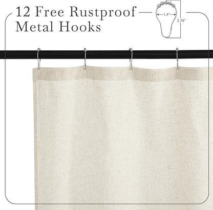 KGORGE Natural Linen Blend Sheer Shower Curtains for Bathroom | Semi-Sheer Waterproof Fabric Lightweight Button Hole for Bathtub, 12 Rust-Proof Hooks Included, W72 x L90