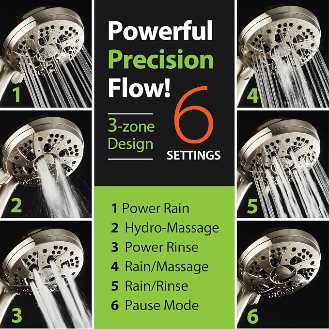 AquaDance High Pressure Luxury 6-mode Spiral Ergonomic Handheld Shower Head | Anti-clog Jets, Premium Stainless Steel Hose & Adjustable Bracket for the Ultimate Shower Spa Experience! / Nickel