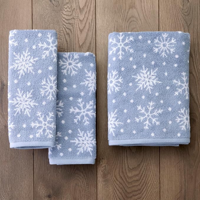 SKL Home Christmas/Winter Scattered Snowflakes Hand Towel Set-2pc, Blue | 100% Cotton. 500 GSM. Soft & absorbent. Reversible jacquard pattern. Great for the bathroom, kitchen or bar & holiday gift.