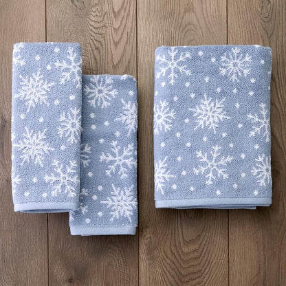 SKL Home Christmas/Winter Scattered Snowflakes Hand Towel Set-2pc, Blue | 100% Cotton. 500 GSM. Soft & absorbent. Reversible jacquard pattern. Great for the bathroom, kitchen or bar & holiday gift.