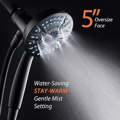 AquaCare Magneton 8-Mode High Pressure Handheld Shower Head with 2 Brackets | Space-age Magnetic Guidance Docking, Giant 5-inch Face with Hygienic Jets, Extra-long 6 ft. Stainless Steel Hose / Black
