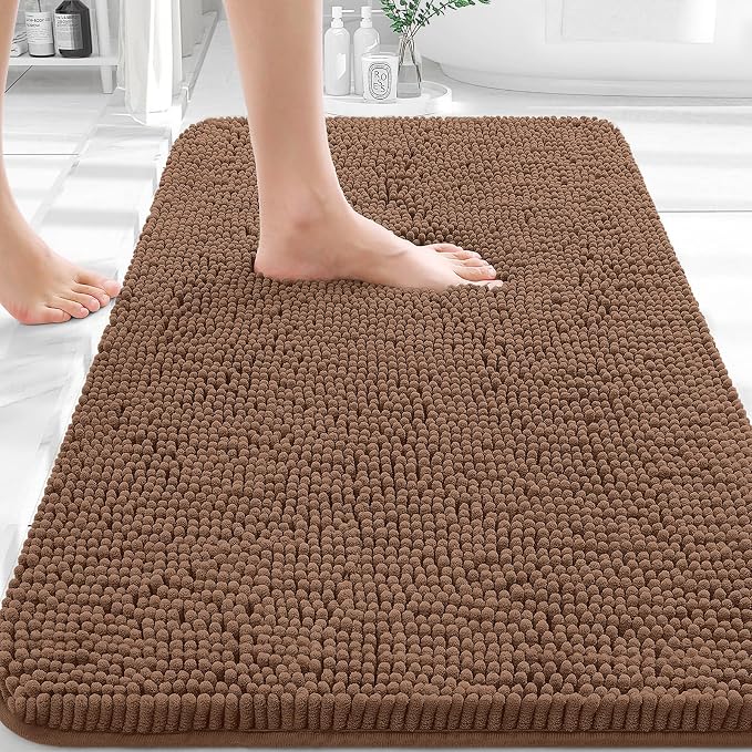OLANLY Bathroom Rugs 32x20, Extra Soft Absorbent Chenille Bath Rugs | Mocha, Quick-Drying Rubber Backing, Machine Washable Bath Mat for Bathroom Floor, Tub and Shower, Home Decor Accessories