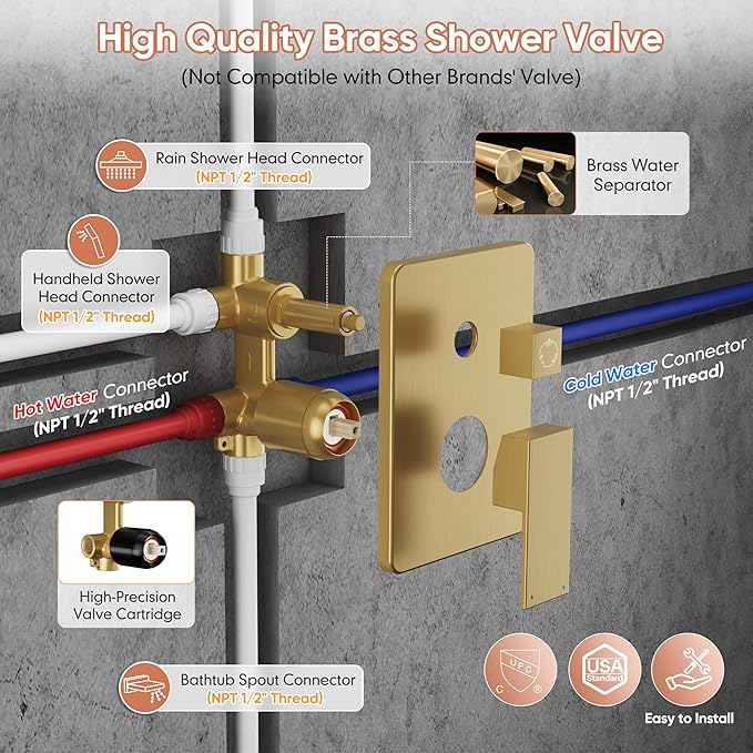 Brushed Gold Shower System, All Metal Gold Shower Faucet Set with Tub Spout, 10'' Gold Shower Head with Handheld, 59'' Shower Hose, Shower Valve and Diverter, Wall Mounted Bath Tub Faucet Set