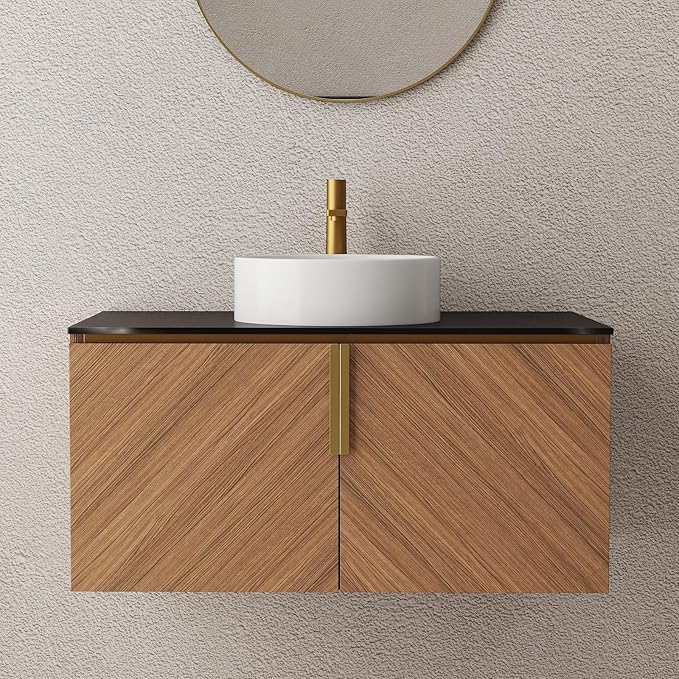 LKTART 36 Inch Bathroom Vanity with Sink, Modern Wall Mounted Bathroom Sink with 2 Doors, Black Sintered Stone Countertop and White Round Ceramic Basin